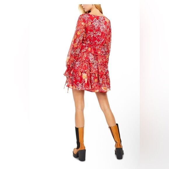 Free People Closer to the heart Red Floral sheer boho ruffle Dress  small - Picture 3 of 3